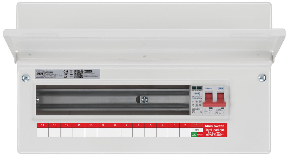 BG Fortress CF16MS13 16 Module 13 Way Unpopulated Metal Consumer Unit with 100A Main Switch & 1x SPD - westbasedirect.com