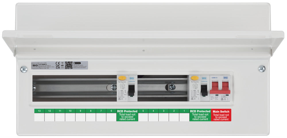 BG Fortress CF19D8813 19 Module 13 Way Unpopulated Dual RCD Consumer Unit with 100A Main Switch & 2x 80A Type A 30mA RCD - westbasedirect.com