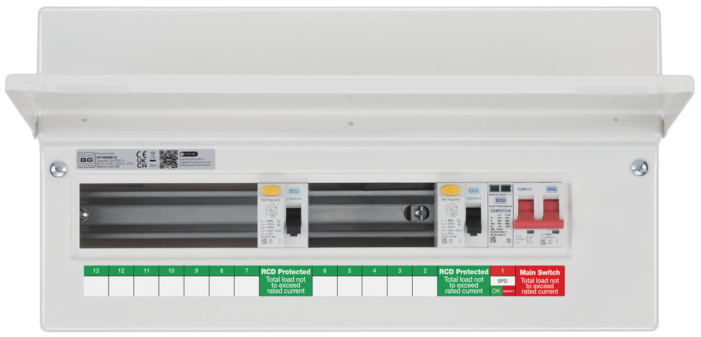 BG Fortress CF19D88S12 19 Module 12 Way Unpopulated Dual RCD Consumer Unit with 100A Main Switch, 2x 80A Type A 30mA RCD & 1x SPD - westbasedirect.com