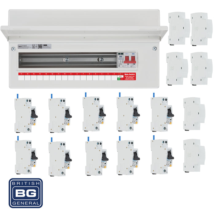 BG Fortress CF19MS16 19 Module 16 Way 100A Main Switch Consumer Unit with T2 SPD + 10 RCBOs & 6x CUA19 FREE Blanks - westbasedirect.com