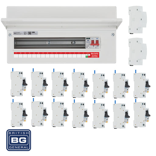 BG Fortress CF19MS16 19 Module 16 Way 100A Main Switch Consumer Unit with T2 SPD + 14 RCBOs & 2x CUA19 FREE Blank - westbasedirect.com