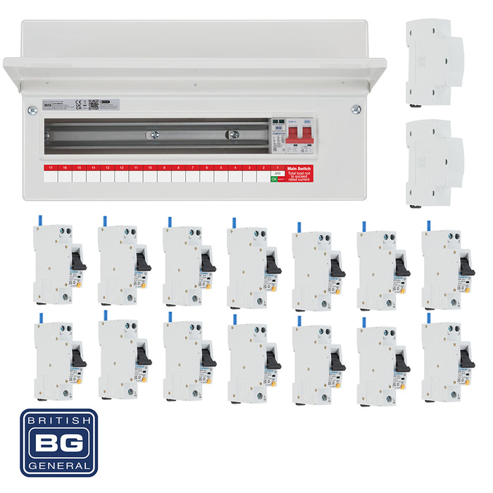 BG Fortress CF19MS16 19 Module 16 Way 100A Main Switch Consumer Unit with T2 SPD + 14 RCBOs & 2x CUA19 FREE Blank - westbasedirect.com