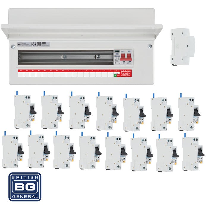 BG Fortress CF19MS16 19 Module 16 Way 100A Main Switch Consumer Unit with T2 SPD + 15 RCBOs & 1x CUA19 FREE Blank - westbasedirect.com