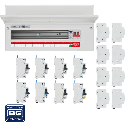 BG Fortress CF19MS16 19 Module 16 Way 100A Main Switch Consumer Unit with T2 SPD + 8 RCBOs & 8x CUA19 FREE Blanks - westbasedirect.com