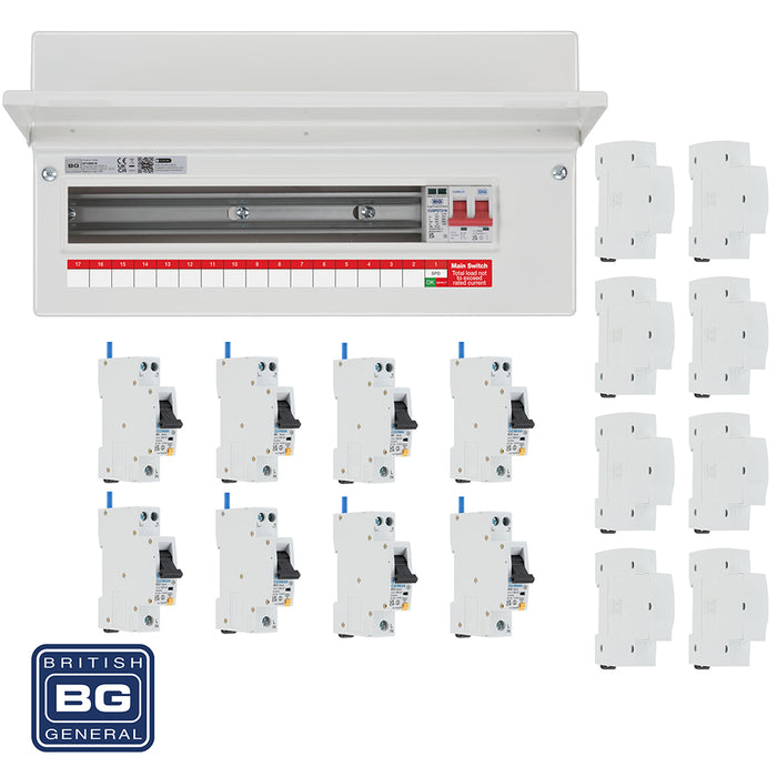 BG Fortress CF19MS16 19 Module 16 Way 100A Main Switch Consumer Unit with T2 SPD + 8 RCBOs & 8x CUA19 FREE Blanks - westbasedirect.com