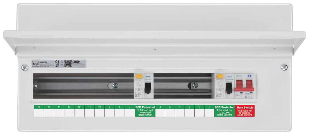 BG Fortress CF22D1116 22 Module 16 Way Unpopulated Dual RCD Consumer Unit with 100A Main Switch & 2x 100A Type A 30mA RCD - westbasedirect.com