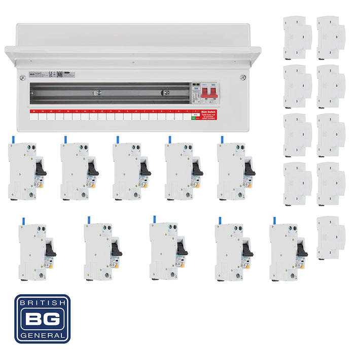 BG Fortress CF22MS19 22 Module 19 Way 100A Main Switch Consumer Unit with T2 SPD + 10 RCBOs & 9x CUA19 FREE Blanks - westbasedirect.com