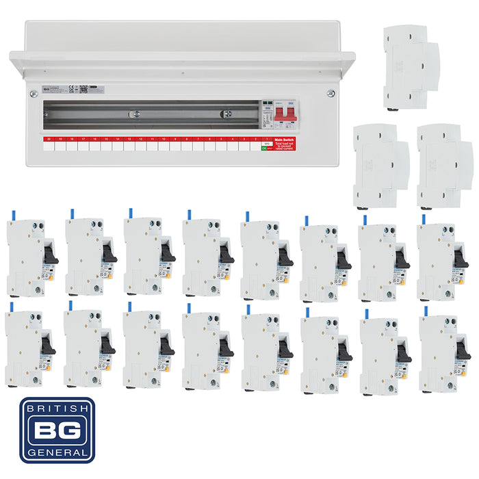 BG Fortress CF22MS19 22 Module 19 Way 100A Main Switch Consumer Unit with T2 SPD + 16 RCBOs & 3x CUA19 FREE Blanks - westbasedirect.com