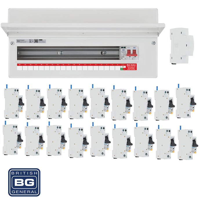 BG Fortress CF22MS19 22 Module 19 Way 100A Main Switch Consumer Unit with T2 SPD + 18 RCBOs & 1x CUA19 FREE Blanks - westbasedirect.com
