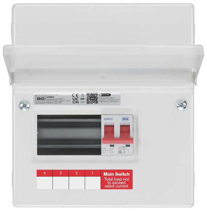 BG Fortress CF6M4 6 Module 4 Way Unpopulated Metal Consumer Unit with 100A Main Switch - westbasedirect.com