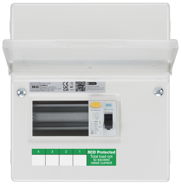 BG Fortress CF6R14 6 Module 4 Way Unpopulated RCD Incomer Consumer Unit with 1x 100A Type A 30mA RCD - westbasedirect.com