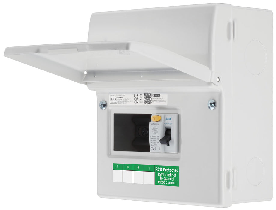BG Fortress CF6R14 6 Module 4 Way Unpopulated RCD Incomer Consumer Unit with 1x 100A Type A 30mA RCD - westbasedirect.com