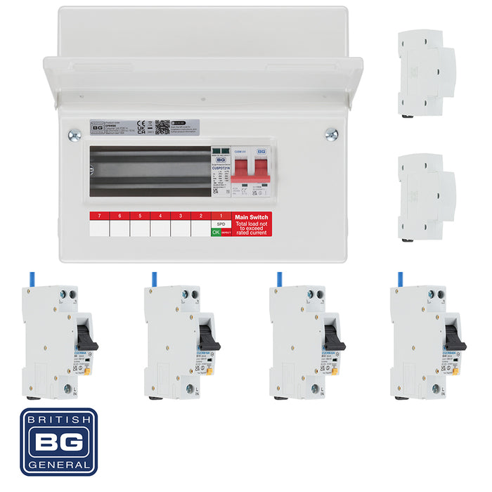 BG Fortress CF9MS6 9 Module 6 Way 100A Main Switch Consumer Unit with T2 SPD + 4 RCBOs & 2x CUA19 FREE Blank - westbasedirect.com