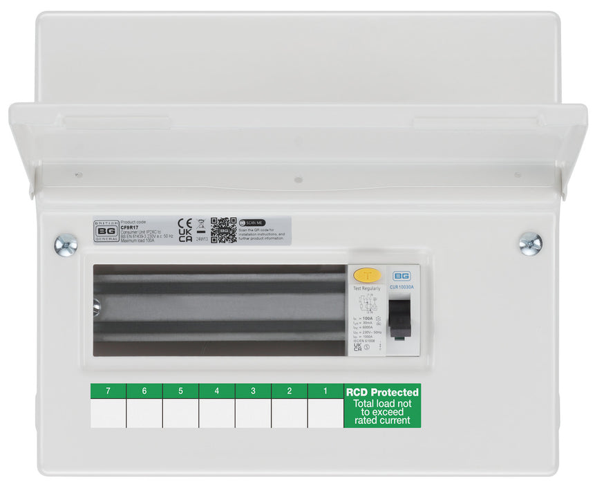 BG Fortress CF9R17 9 Module 7 Way Unpopulated RCD Incomer Consumer Unit with 1x 100A Type A 30mA RCD - westbasedirect.com