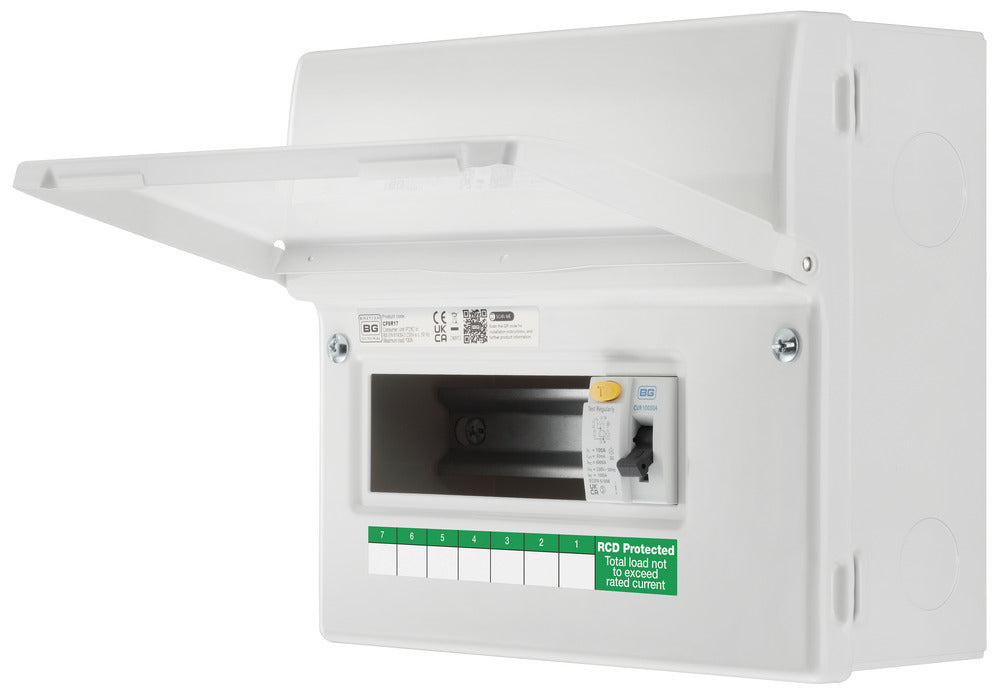 BG Fortress CF9R17 9 Module 7 Way Unpopulated RCD Incomer Consumer Unit with 1x 100A Type A 30mA RCD - westbasedirect.com
