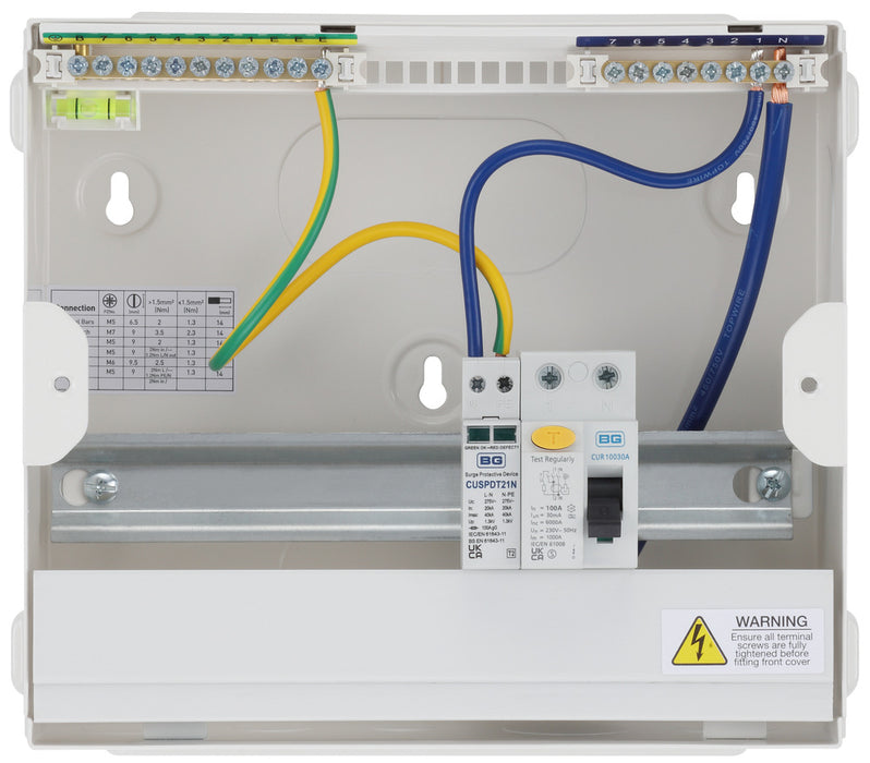 BG Fortress CF9R1S6 9 Module 6 Way Unpopulated RCD Incomer Consumer Unit with 1x 100A Type A 30mA RCD & 1x SPD - westbasedirect.com