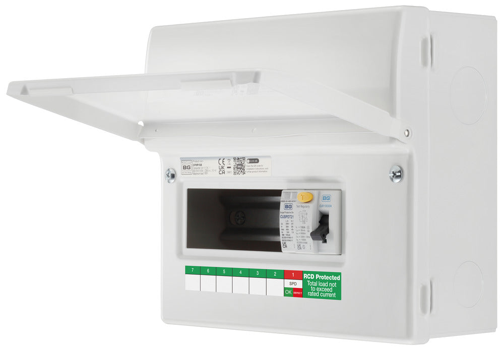 BG Fortress CF9R1S6 9 Module 6 Way Unpopulated RCD Incomer Consumer Unit with 1x 100A Type A 30mA RCD & 1x SPD - westbasedirect.com