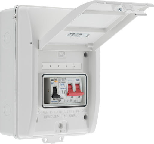 BG CFE7AFAW 5 Module IP65 Weatherproof White Metal EV Charger Circuit Protection with 100A Main Switch, 40A 30mA Type A AFDD & Type 2 SPD - westbasedirect.com