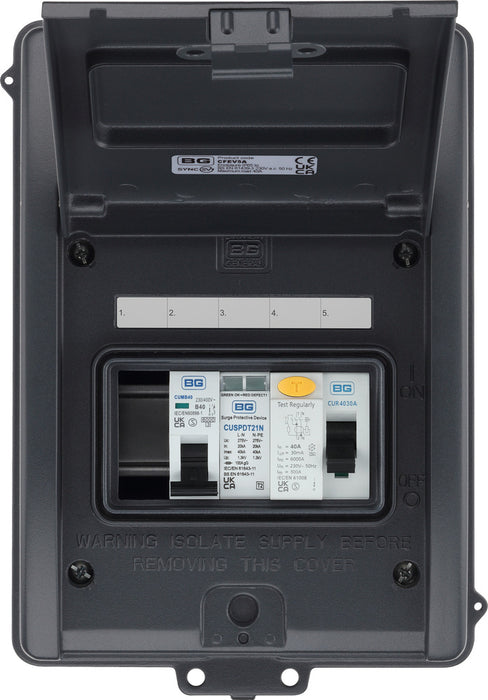 BG CFEV5A 5 Module IP65 Weatherproof Grey Metal EV Charger Circuit Protection with 40A 30mA Type A RCD, 40A B Curve MCB & Type 2 SPD - westbasedirect.com