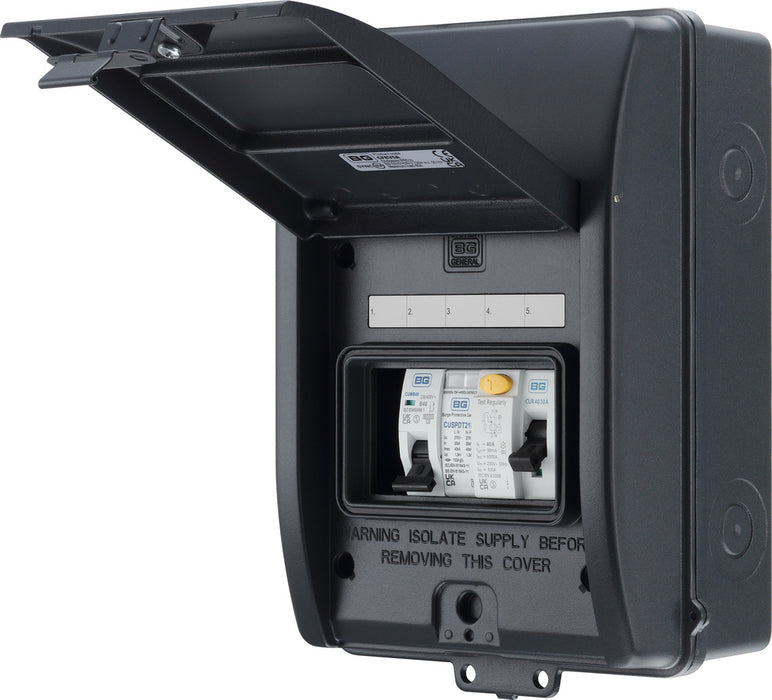 BG CFEV5A 5 Module IP65 Weatherproof Grey Metal EV Charger Circuit Protection with 40A 30mA Type A RCD, 40A B Curve MCB & Type 2 SPD - westbasedirect.com