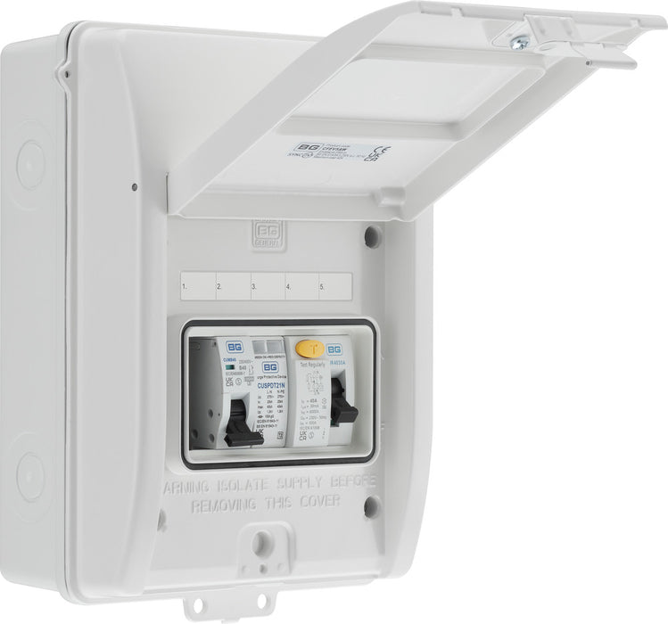 BG CFEV5AW 5 Module IP65 Weatherproof White Metal EV Charger Circuit Protection with 40A 30mA Type A RCD, 40A B Curve MCB & Type 2 SPD - westbasedirect.com