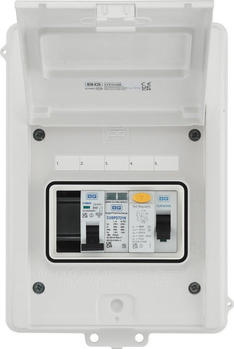 BG CFEV5AW 5 Module IP65 Weatherproof White Metal EV Charger Circuit Protection with 40A 30mA Type A RCD, 40A B Curve MCB & Type 2 SPD - westbasedirect.com