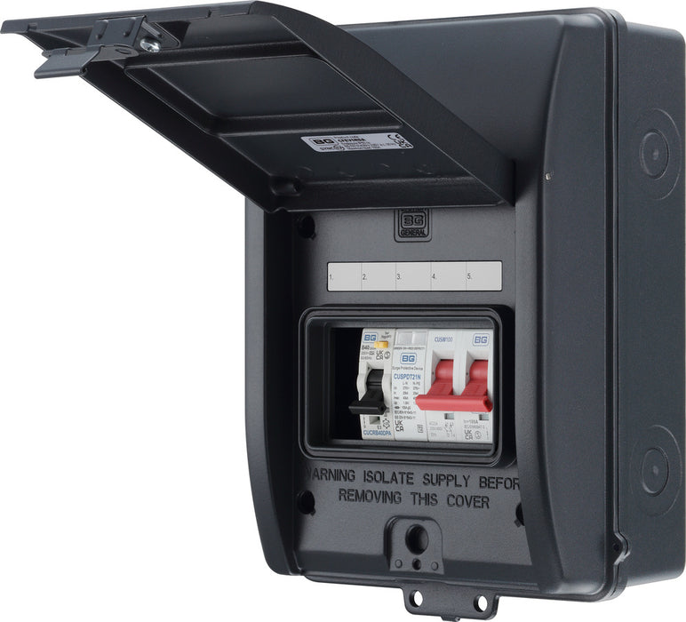 BG CFEV5RDA 5 Module IP65 Weatherproof Grey Metal EV Charger Circuit Protection with 40A Type A DP RCBO, 100A Main Switch & Type 2 SPD - westbasedirect.com