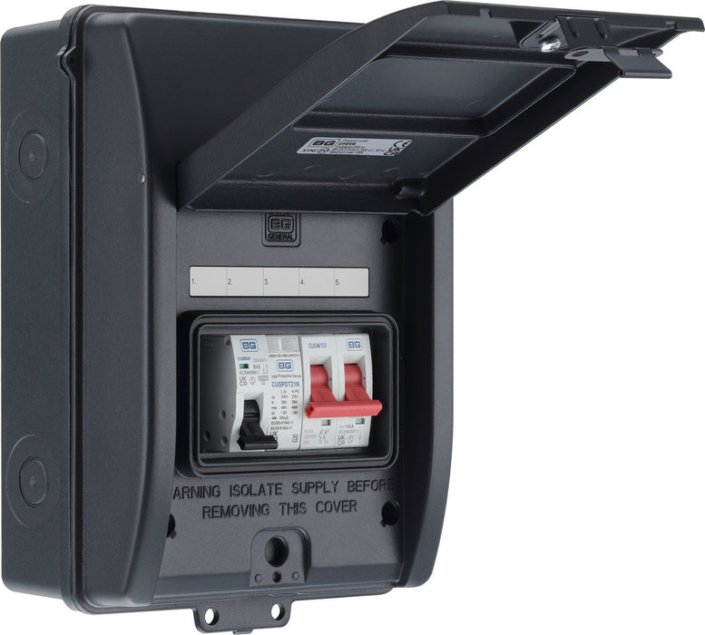 BG CFEV6 5 Module IP65 Weatherproof Grey Metal EV Charger Circuit Protection with 100A Main Switch, 40A B Curve MCB & Type 2 SPD - westbasedirect.com