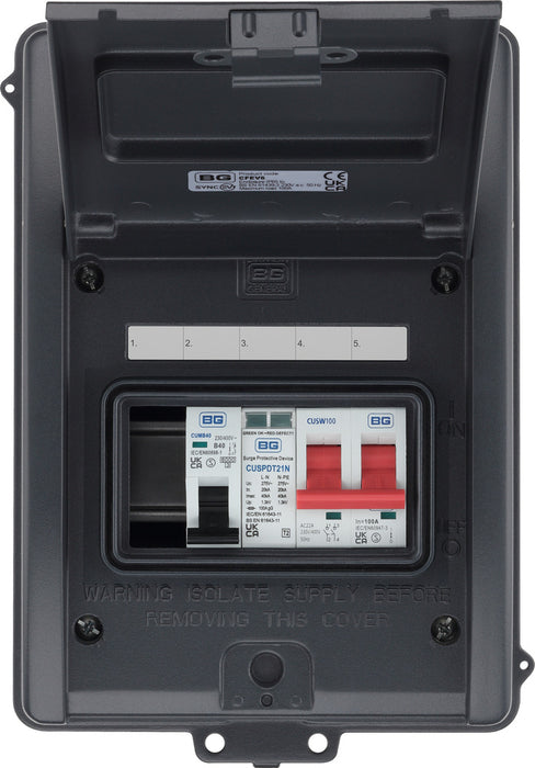 BG CFEV6 5 Module IP65 Weatherproof Grey Metal EV Charger Circuit Protection with 100A Main Switch, 40A B Curve MCB & Type 2 SPD - westbasedirect.com