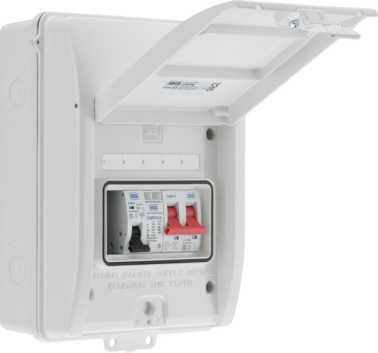 BG CFEV6W 5 Module IP65 Weatherproof White Metal EV Charger Circuit Protection with 100A Main Switch, 40A B Curve MCB & Type 2 SPD - westbasedirect.com