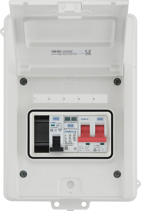 BG CFEV6W 5 Module IP65 Weatherproof White Metal EV Charger Circuit Protection with 100A Main Switch, 40A B Curve MCB & Type 2 SPD - westbasedirect.com