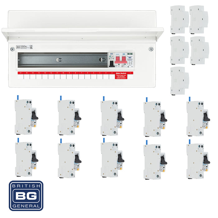 BG Fortress CFUSW15SPD 19 Module 15 Way 100A Main Switch Consumer Unit with T2 SPD + 10 RCBOs & 5x CUA19 FREE Blanks - westbasedirect.com