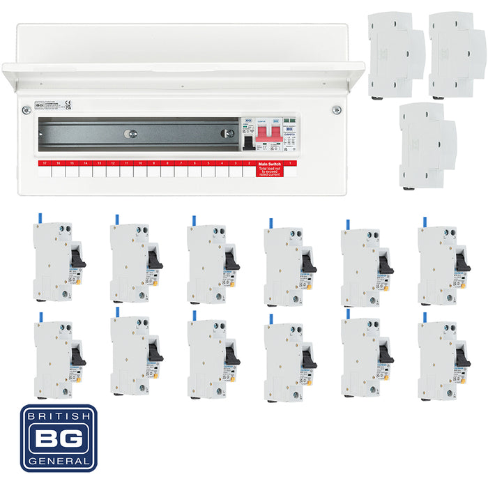BG Fortress CFUSW15SPD 19 Module 15 Way 100A Main Switch Consumer Unit with T2 SPD + 12 RCBOs & 3x CUA19 FREE Blanks - westbasedirect.com