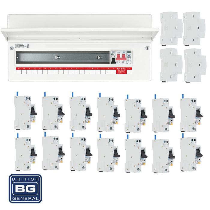 BG Fortress CFUSW18SPD 22 Module 18 Way 100A Main Switch Consumer Unit with T2 SPD + 14 RCBOs & 4x CUA19 FREE Blanks - westbasedirect.com