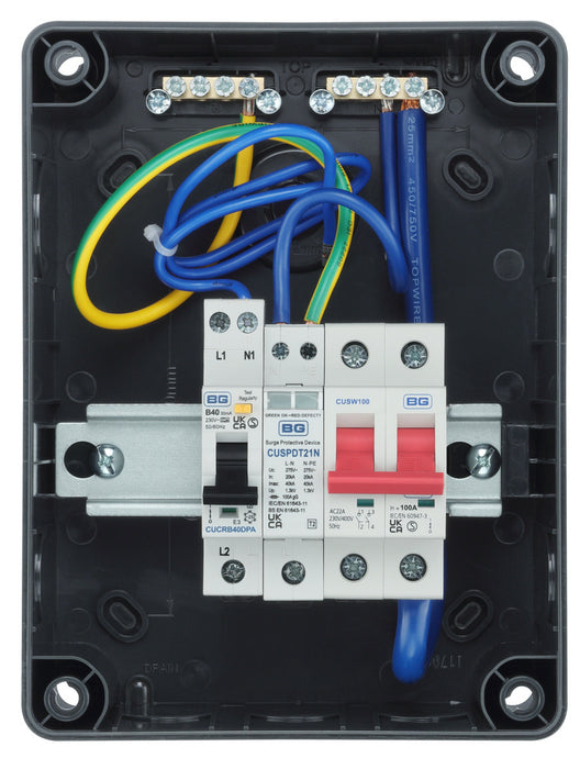 BG CP5MRDPS1G 5 Module IP66 Weatherproof Grey Plastic EV Charger Circuit Protection with 100A Main Switch, 40A 30mA Type A DP RCBO & Type 2 SPD - westbasedirect.com