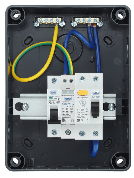 BG CP5R4PS1G 5 Module IP66 Weatherproof Grey Plastic EV Charger Circuit Protection with 40A 30mA Type A RCD, 40A B Curve MCB & Type 2 SPD - westbasedirect.com