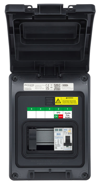 BG CP5RDPS3G 5 Module IP66 Weatherproof Grey Plastic EV Charger Circuit Protection with 40A 30mA Type A DP RCBO & Type 2 SPD - westbasedirect.com