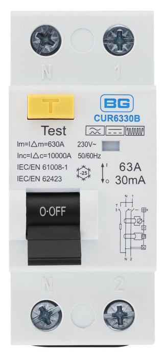 BG CUR6330B 63A Double Pole 2 Module 30mA Type B RCD Bi-Directional - westbasedirect.com