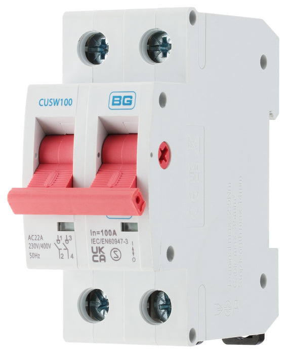 BG CUSW100 100A Double Pole 2 Module Main Switch (Isolator) - westbasedirect.com
