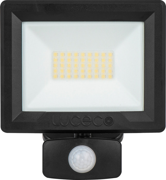 Luceco EFLD30B40P-06 30W Essence Security PIR Floodlight with Ball Joint 1m Cable - Dusk-Till-Dawn Override PIR - Black - westbasedirect.com
