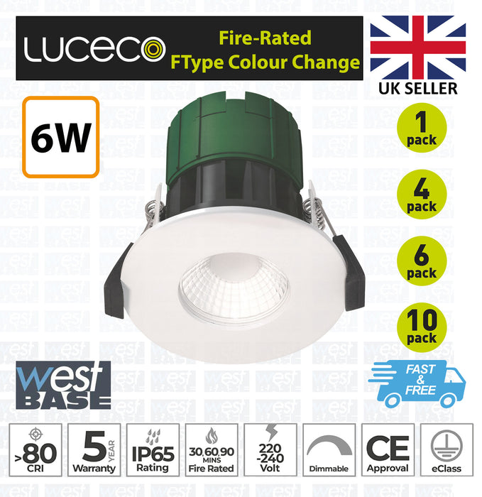 Luceco EFT60WCC 3000K 4000K 6500K FType Colour Change 6W IP65 Fire Rated Downlight - White - westbasedirect.com