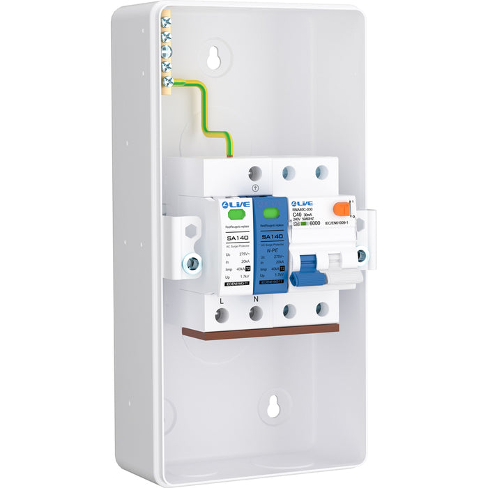 LIVE Electrical EMU4-SNR 4 Way IP40 Metal EV Charging Unit with 40A Type A DP RCBO C Curve & 20/40kA 1P+N Surge Protective Device - westbasedirect.com