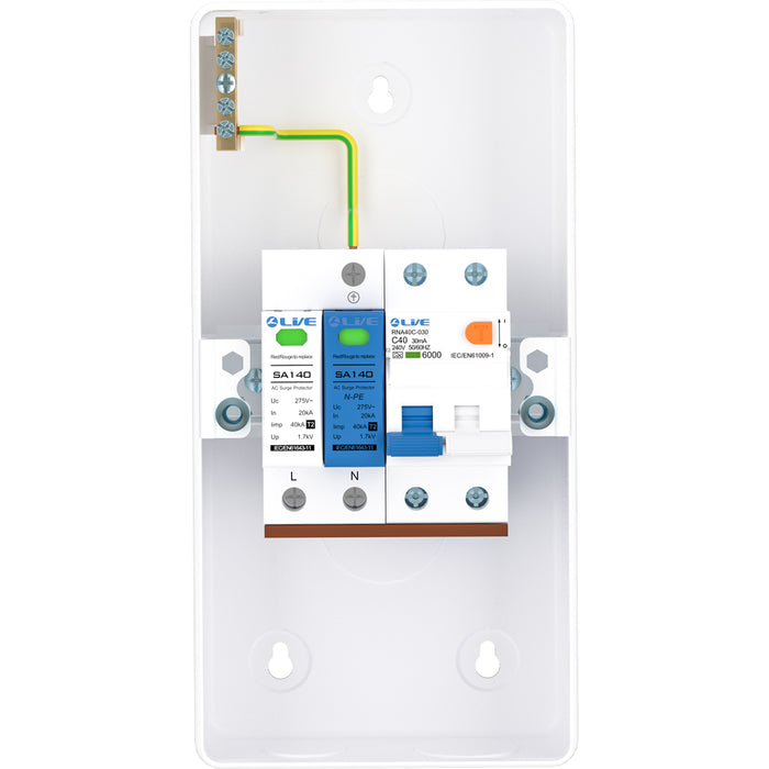 LIVE Electrical EMU4-SNR 4 Way IP40 Metal EV Charging Unit with 40A Type A DP RCBO C Curve & 20/40kA 1P+N Surge Protective Device - westbasedirect.com