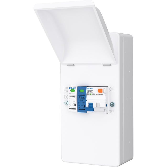 LIVE Electrical EMU4-SNR 4 Way IP40 Metal EV Charging Unit with 40A Type A DP RCBO C Curve & 20/40kA 1P+N Surge Protective Device - westbasedirect.com