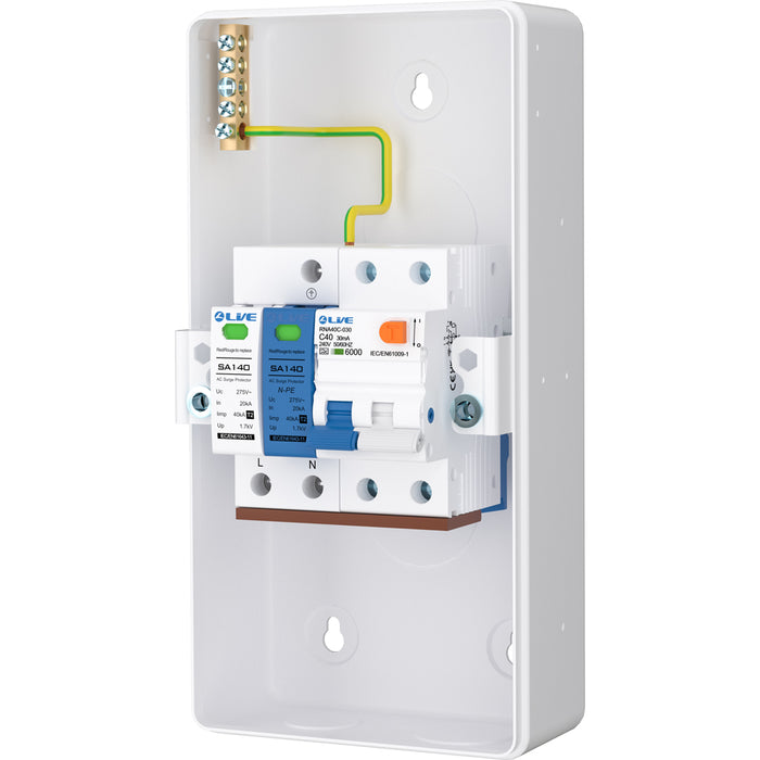 LIVE Electrical EMU4-SNR 4 Way IP40 Metal EV Charging Unit with 40A Type A DP RCBO C Curve & 20/40kA 1P+N Surge Protective Device - westbasedirect.com