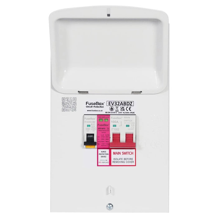 FuseBox EV32ABDZ EV Charger Distribution + 100A Main Switch, Type A 32A Bi-Directional Mini RCBO & T2 SPD - westbasedirect.com