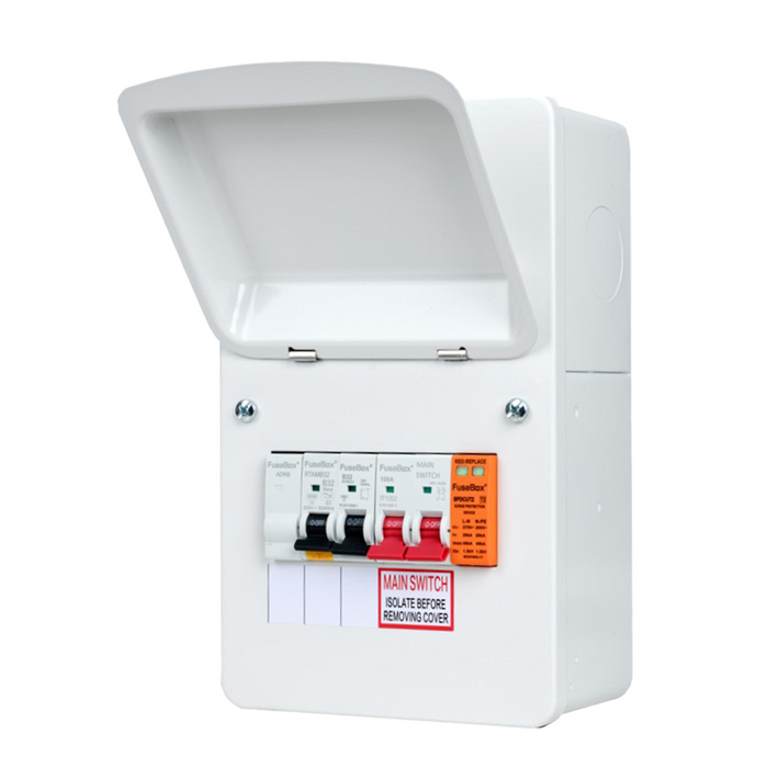 FuseBox EV40RAX EV Distribution Board Type A 63A 30mA RCD, 40A MCB & T2 SPD - westbasedirect.com