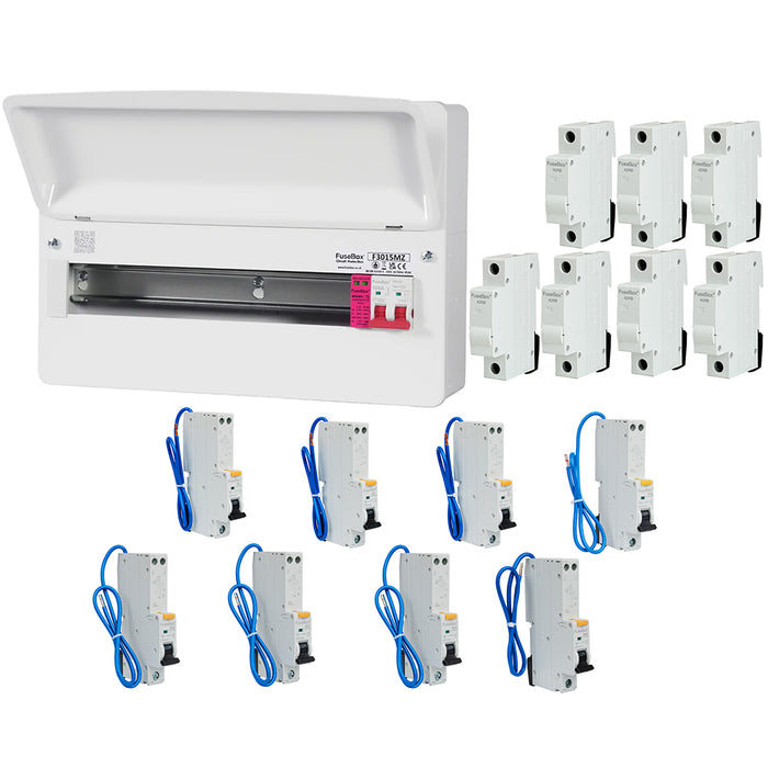 FuseBox F3015MZ 15 Way T2 SPD Consumer Unit + 8 Type A RCBOs & 7x FREE DIN Rail Blanks
