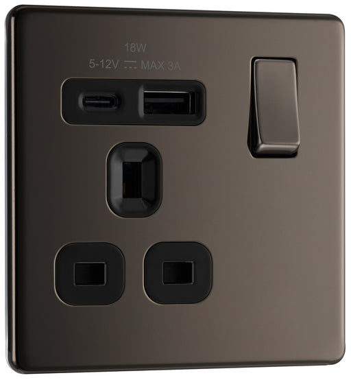 BG FBN21UAC18B Flatplate Screwless 13A Single Switched Power Socket + USB A+C (18W) - Black Nickel + Black Insert - westbasedirect.com