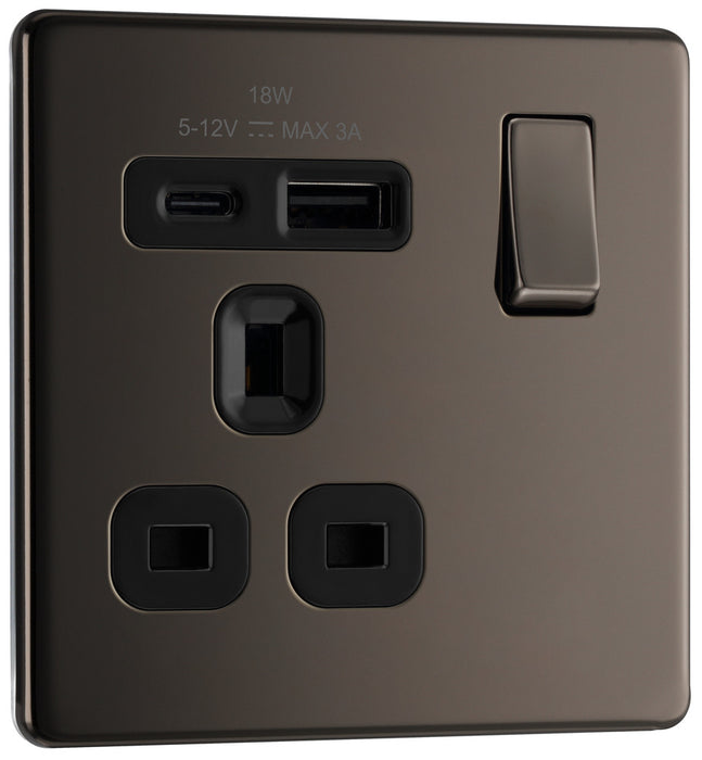BG FBN21UAC18B Flatplate Screwless 13A Single Switched Power Socket + USB A+C (18W) - Black Nickel + Black Insert - westbasedirect.com